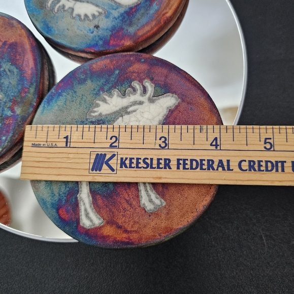 Raku Art Pottery Coasters Signed Jeremy Diller Set of 3 Raku Elk 🦌 - Picture 8 of 10